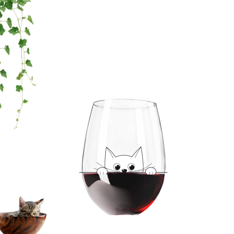 Verre à vin - Chat curieux