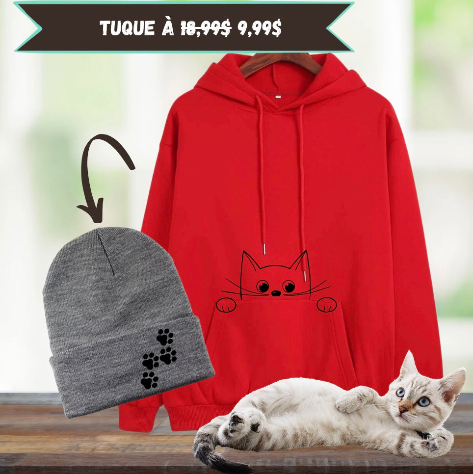 Hoodie Rouge - Chat Curieux