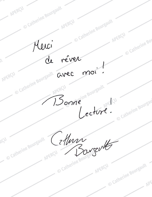 Dédicace de Catherine Bourgault. Fichier téléchargeable. Signature.